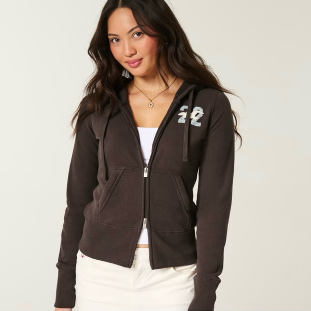 NWT Hollister large brown and mint Feel Good Zip-Up Logo Graphic Hoodie